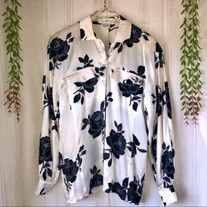 ESCADA Black and White Roses Silk Blouse